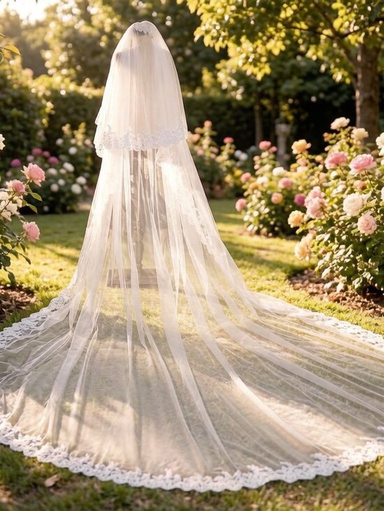 White Lace Applique Cathedral Veil 2 Tier Royal Length 138\